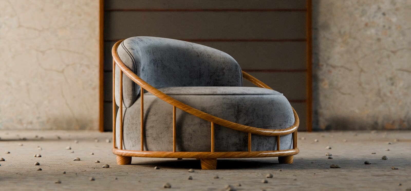 A modern armchair with a wooden frame and blue upholstery.